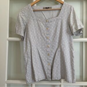 Flax grey and white polka dot linen square neck short sleeve button front blouse